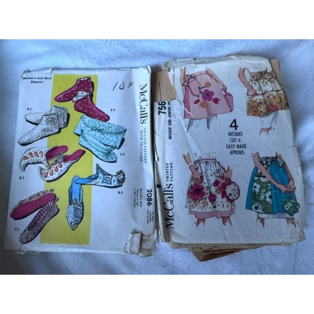 Vintage McCalls Sewing Patterns 2086 Slippers 7561 Aprons Potholders 1950s 1960s